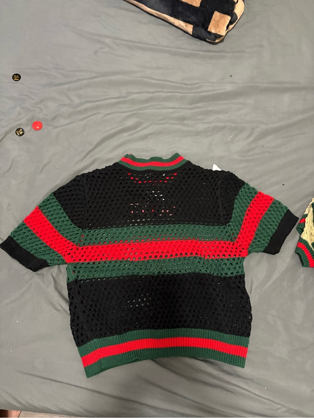 Black Crochet Short-Sleeve Top with Green & Red Stripes